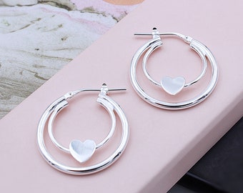 Sterling Silver Double hoop Heart Earrings