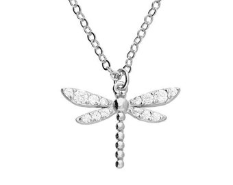 Sterling Silver or Gold Plated Dragonfly Necklace set with Cubic Zirconia stones