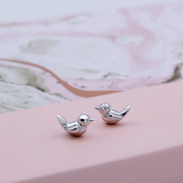 Sterling Silver with Rose Gold Robin Redbreast Stud Earrings