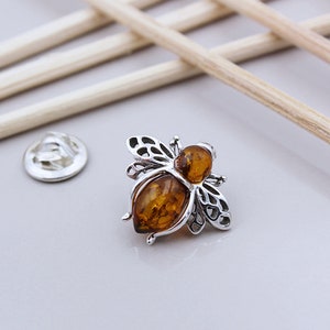 Bee Brooch in Solid Sterling Silver set with Amber