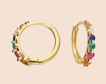 Sterling Silver or Yellow Goldplated Rainbow CZ Hoops