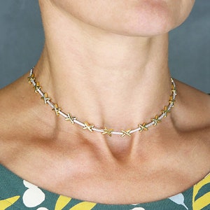 Sterling Silver stone set Love Necklace with Yellow gold kisses