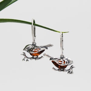 Robin Earrings in Solid Sterling Silver set with Amber