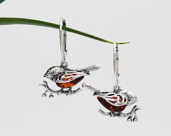 Boucles d'oreilles Robin en argent sterling massif serti d'ambre