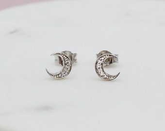 Sterling Silver Crescent Moon Stone Set Stud Earrings