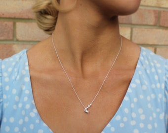 Sterling Silver Crescent Moon & 3 Stars Necklace