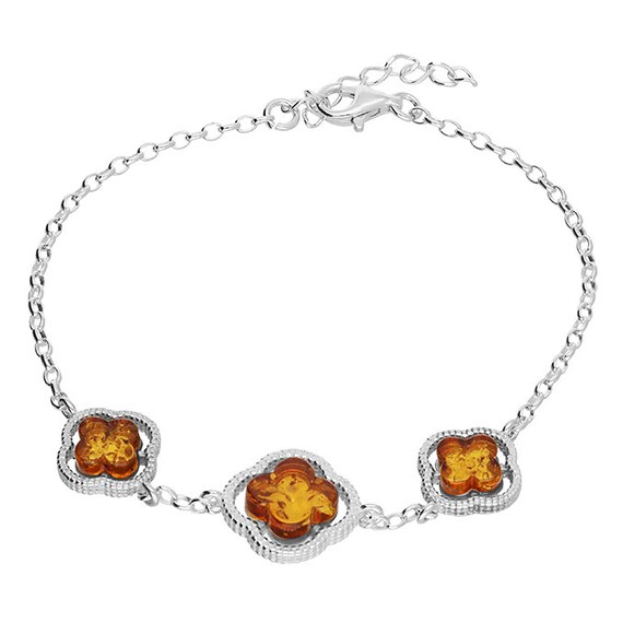 花琥珀のブレスレット スターリングシルバーの美しい花のブレスレットと琥珀のセット