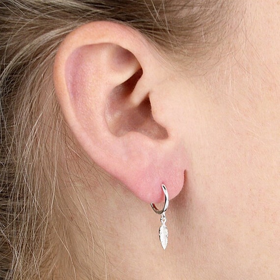 Sterling Silver Feather Hoop Drop Earrings