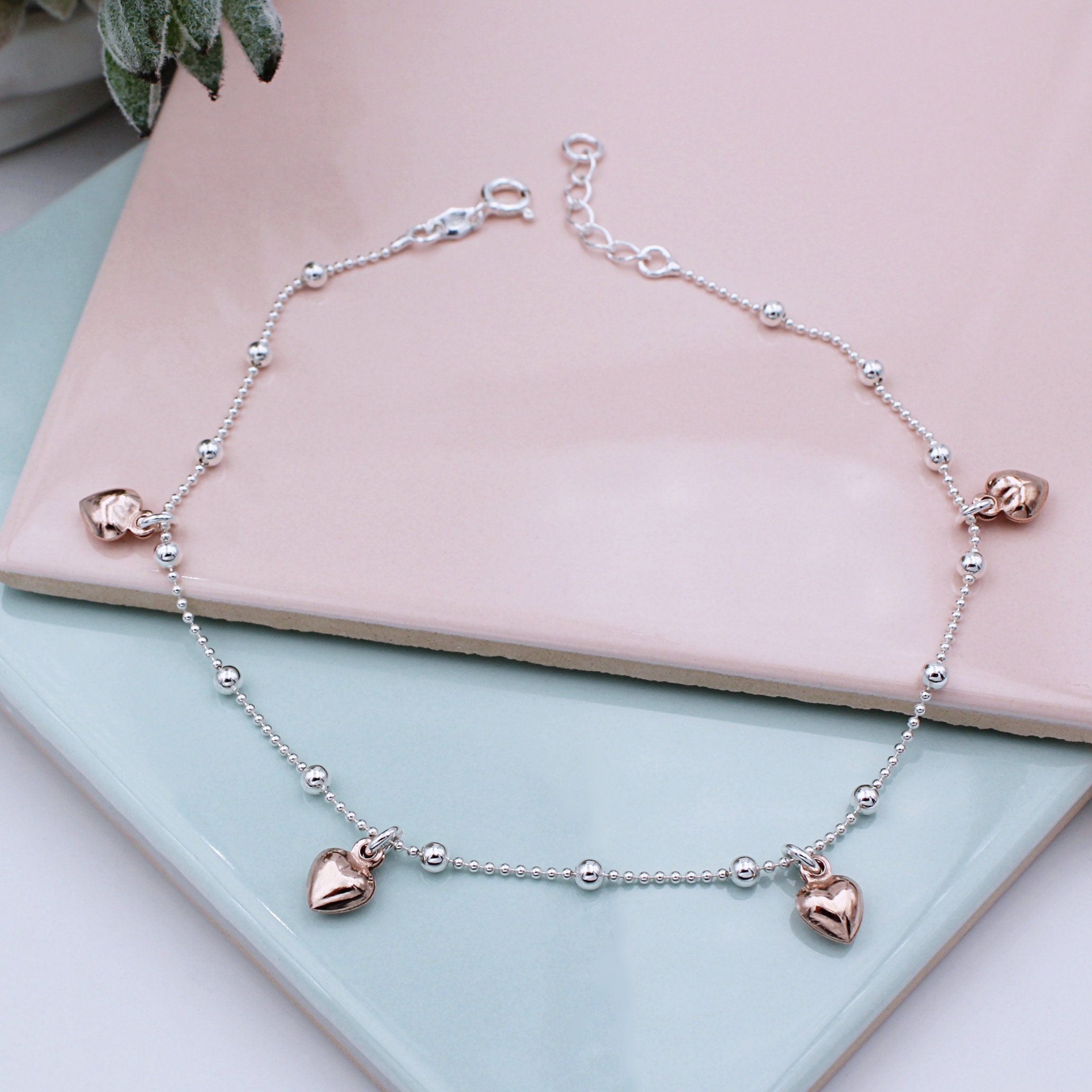 Anklet in Sterling Silver with 18ct Rose Gold vermeil Hearts | Etsy