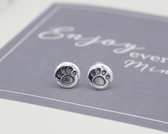 Sterling Silver Round Paw Print Stud Earrings