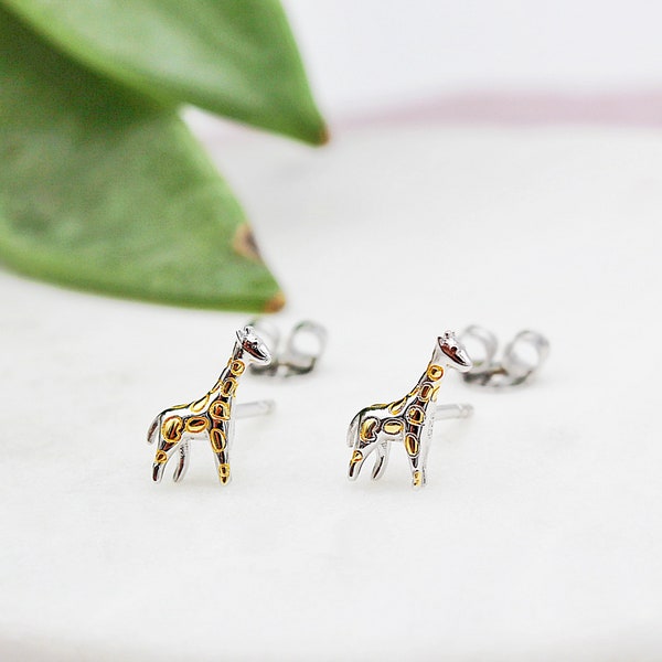 Boucles d'oreilles à tige girafe en argent sterling et or jaune