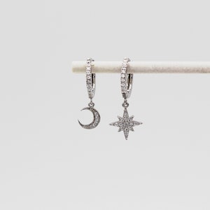 Sterling Silver Moon & Star Stone Set Huggie Hoop Earrings, Star Earrings, Moon Earrings, Silver Huggie Earrings image 1