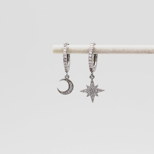 Sterling Silver Moon & Star Stone Set Huggie Hoop Earrings, Star Earrings, Moon Earrings, Silver Huggie Earrings