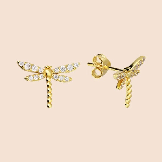 Small Dragonfly Post Stud Earrings with Clear Crystal Accents Sterling Silver Small Dragonfly Post Stud Earrings with Clear Crystal Accents Sterling Silver