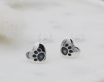 Sterling Silver Heart Paw Stud Earrings