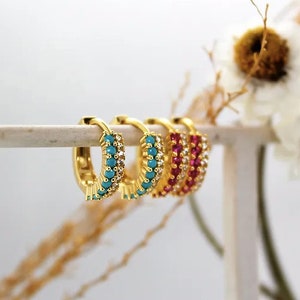 Yellow Gold Red or Turquoise Double Stone Set Huggie Hoop Earrings