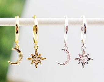 Sterling Silver or Yellow Gold plated Stone Set Moon & Star Huggie Hoops