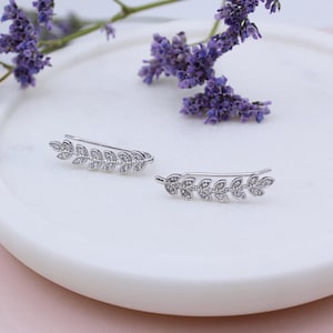 Silver Cubic Zirconia Leaf up-the-ear Climber Earrings