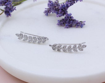 Silver Cubic Zirconia Leaf up-the-ear Climber Earrings