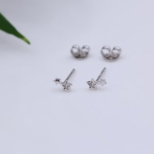 Sterling Silver tiny CZ Double Star Stud Earrings