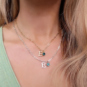 Initial and Birthstone Chain Necklace, Hanging Gemstone Letter Necklace, Personalised Swarovski Birthstone And Initial Necklace