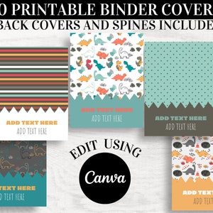 Dinosaur Binder Cover Printable, Editable Binder Cover Template for boy, Canva Back to School, Colorful Folder Cover and Spines, Kid Binder