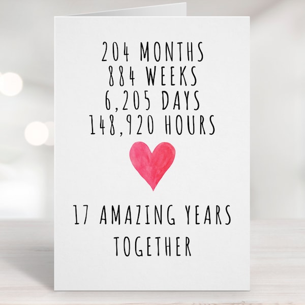 Printable Anniversary Card, 17th Anniversary Card, Seventeenth Year Anniversary Card, 17 years together, 17 Year Anniversary, 17th Wedding