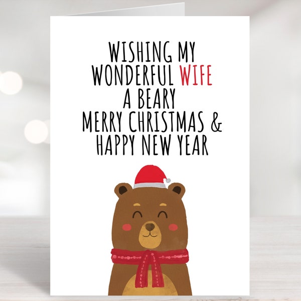 Wife Christmas Card, Happy New Year Card, Funny Holiday Card Spouse, Cute Christmas Card, Bear Christmas Card, Printable Card for Wifey