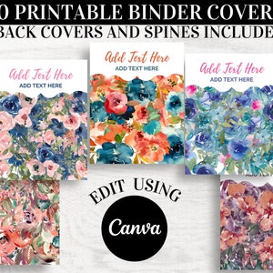 Floral Binder Cover Printable, Editable Binder Cover Template, Canva Template, Flower Folder Cover, Spines, Teacher Binder and Organization