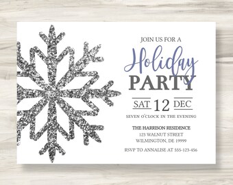 Printable Holiday Invitation, Snowflake Holiday Invite, Adult Holiday Party Invitation, Editable Christmas Party Invite, Glitter Invitation