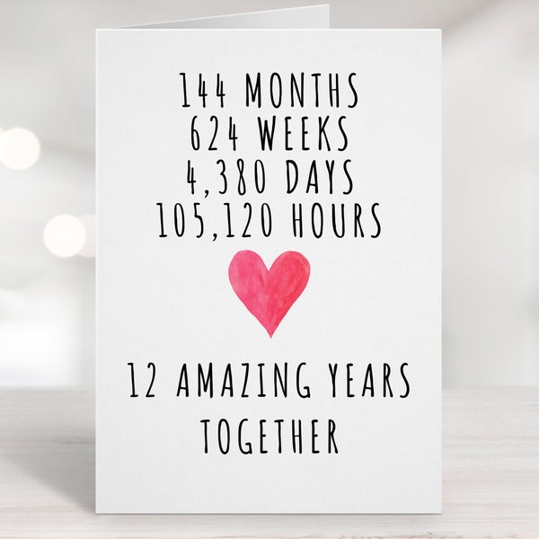 Printable Anniversary Card, Twelve Year Anniversary Card, 12th Anniversary Card, 12 years together, 12 Year Anniversary Card, 12th Wedding