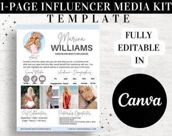 1 Page Influencer Media Kit, Media Kit Template, Blogger Template, Canva Media Kit, Brand Kit, Press Kit, Instagram Influencer Template