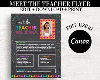 May include: A chalkboard-style flyer with the text "MEET THE TEACHER FLYER" and "EDIT + DOWNLOAD + PRINT". The flyer includes a photo of a teacher, the text "meet the TEACHER MS. JENNA", and sections for "ABOUT ME", "EDUCATION", "FAVORITES", and "CONTACT".