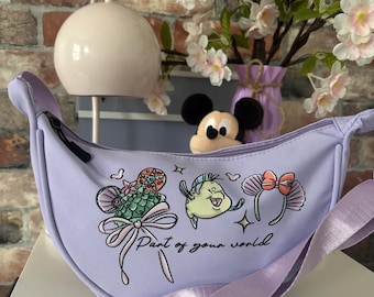 Mermaid Princess Lilac Dumpling Bags, Pink Bag, Printed Inspired Cross Body Bags, Theme Park Bags, Florida, Orlando, Paris