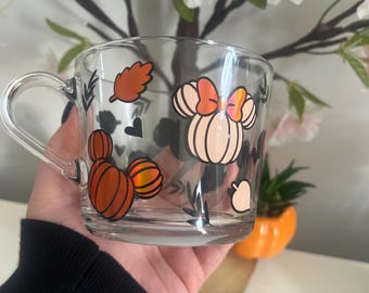 Personalised Glass Mug, Autumn Pumpkin Minnie Glass Mug, Autumn Decor, Pumpkin Decor, Glass Mugs