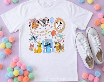 Pets Inspired Printed White T-Shirt, Dogs, Stitch, Dalmations and Friends - Adults & Kids Sizes - Cotton T-Shirt