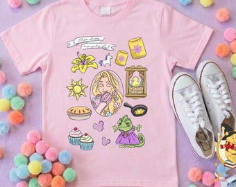 Rapunzel Princess Tower Full Art Inspired Printed T-Shirt, Princess Movie, Golden Hair Princess - Adults & Kids Sizes - Cotton T-Shirt