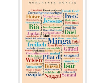 May include: A colorful word cloud with the title "Münchener Wörter" in German. The word cloud features words and phrases related to Munich, Germany, such as "Lausbua", "Zwetschgnmanschgal", "Hoiwe", "Bia", "Janka", "Minga", "freilich", "Gaudi", "Wiesn", "ozapfa", and "Noggal Semml".