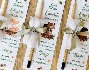 Bookmark placeholder with plantable Sprout pencil and woodland animal-themed confetti, personalized guest favor