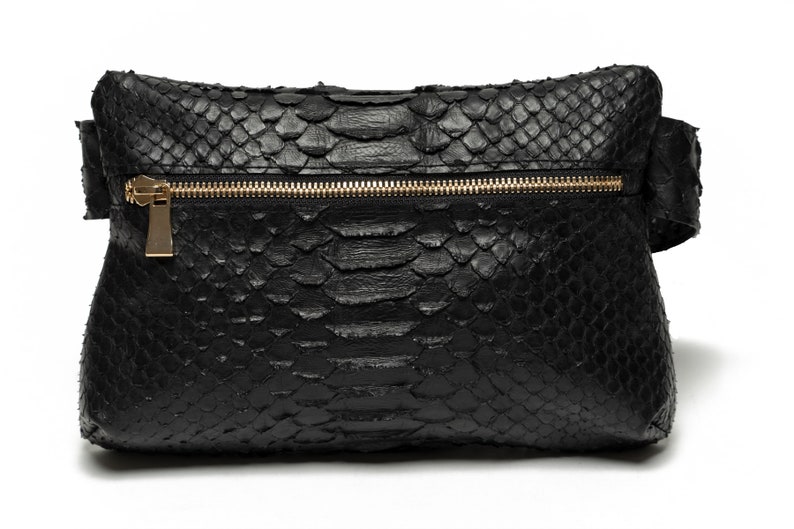 May include: A black snakeskin clutch bag with a gold zipper.