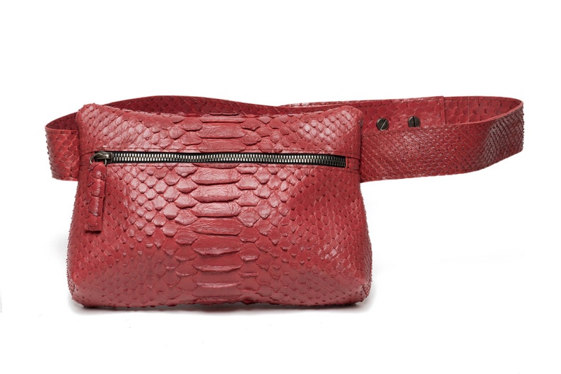 May include: A red snakeskin fanny pack with a zipper closure and a belt strap.