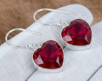 Ruby Sterling Silver Heart Earrings – Handmade Gemstone Drops Jewelry – July Birthstone Women's Wear