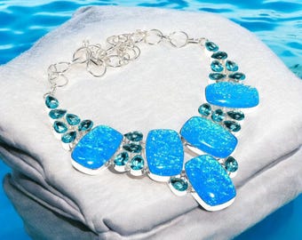 Fire opal & blue topaz necklace in 925 silver. 18&quot; dainty boho pendant - perfect bridal jewelry or birthday gift.