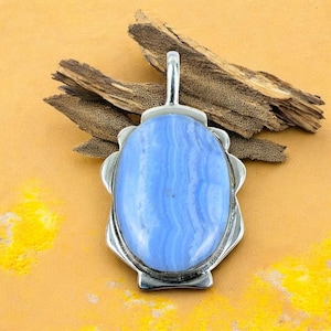 Blue Lace Agate Pendant in 925  Sterling Silver | Calming Crystal Jewelry