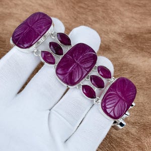 Kashmiri Ruby Bracelet, 925 Sterling Silver Carving Bracelet, July Birthstone, Floral Motif, Handmade Statement Bracelet