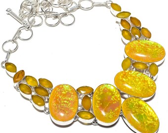 Stunning Triplet Fire Opal & Yellow Sapphire 925 Sterling Silver 18&quot; Necklace - Gemstone Jewelry, Perfect Gift! #Opal Necklace