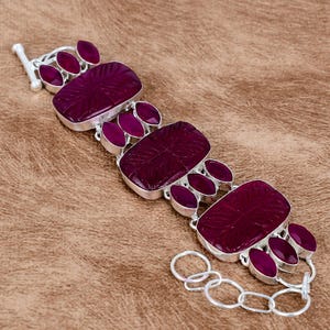 Kashmiri Ruby Carving Sterling Silver Bracelet – Handmade Adjustable Gemstone Jewelry – Bold Boho Statement Gift for Her