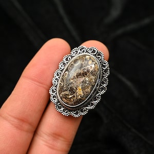 Turritella Agate Ring - 925 Sterling Silver, Fossil Jewelry, Nature Lover Gift, Unique Geological Ring, Size 4-12 US