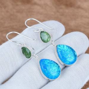 Blue Triplet Fire Opal Sterling Silver Earrings – Handmade Teardrop Gemstone Dangle Drop – 925 Silver Boho Gift Jewelry