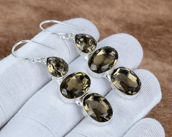 Boucles d'oreilles en argent sterling avec quartz fumé naturel - Pendants de pierres précieuses facettées à la main - Bijoux cadeau minimalistes bohèmes en argent 925